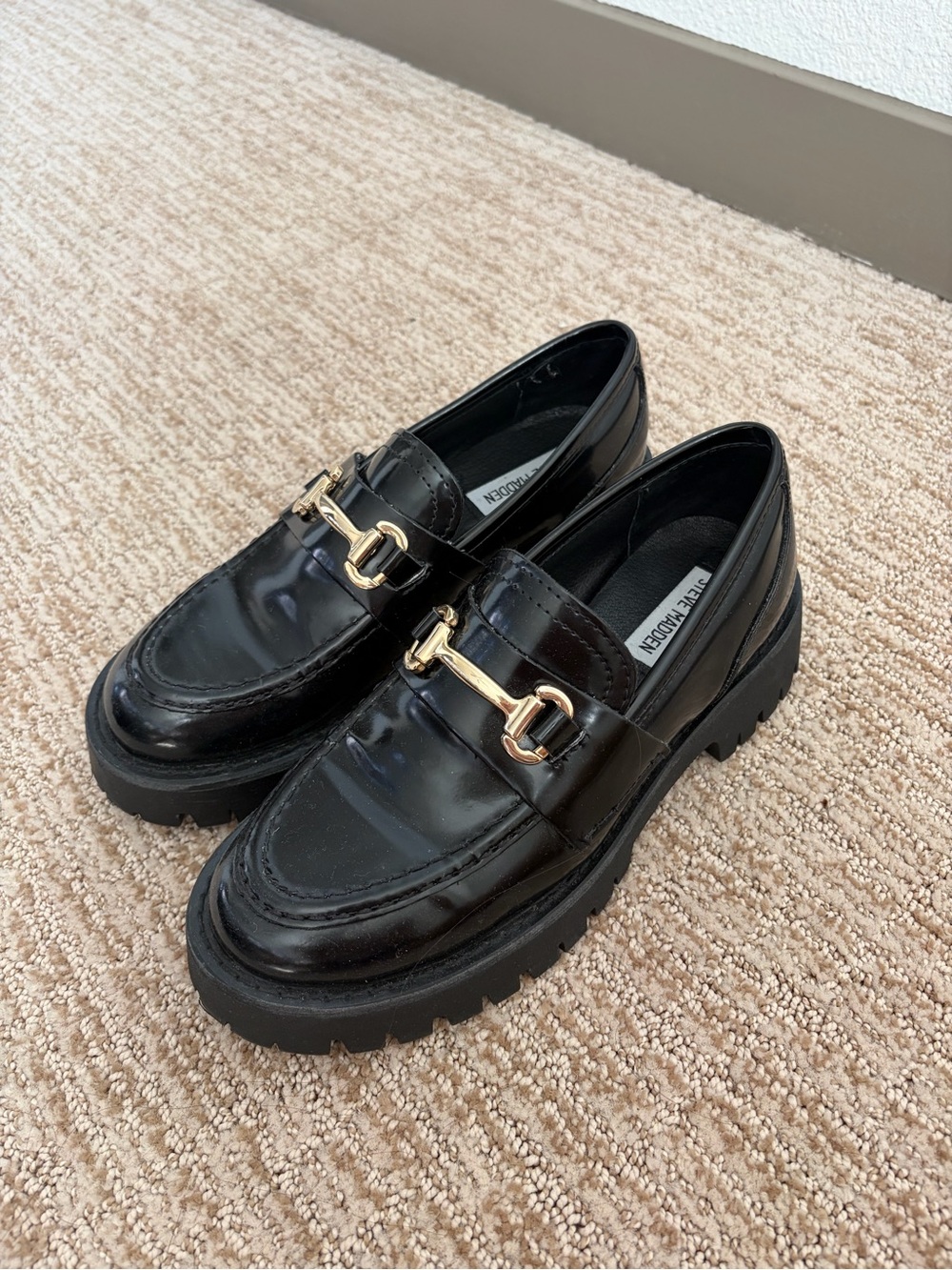 Steve Madden Black Patent Leather Lug Sole Loafers with Gold Hardware